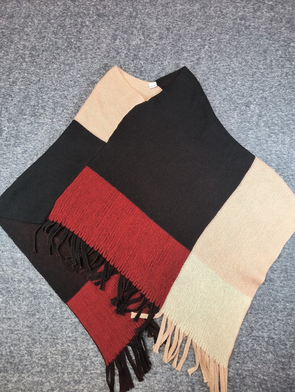 Knit shawl with fringe, red/pink/black, women's one size